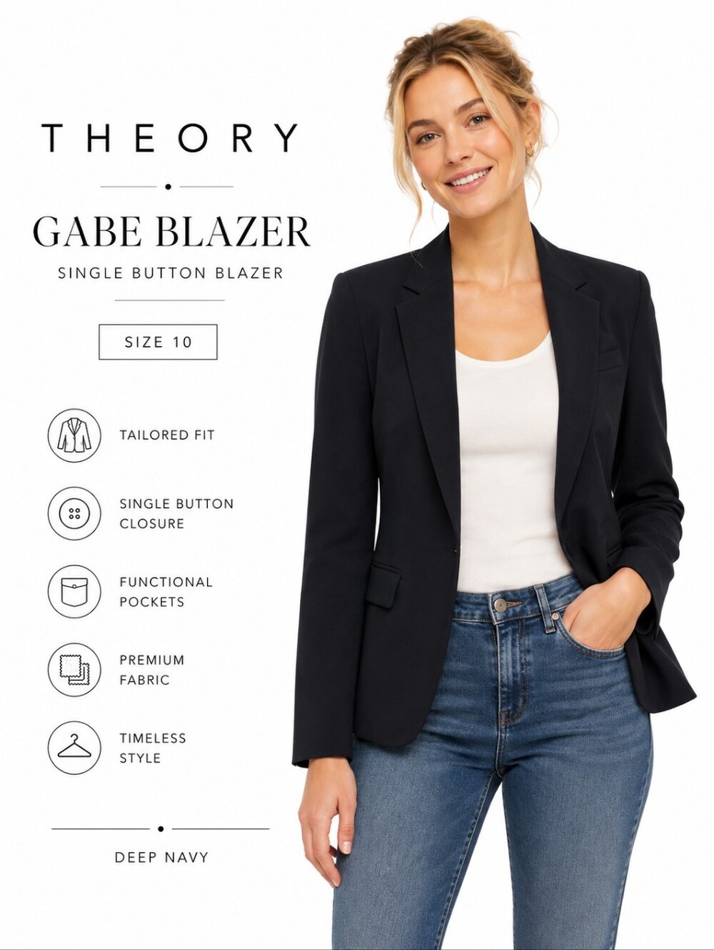 Theory Gabe Single Button Blazer – Deep Navy | Size 10